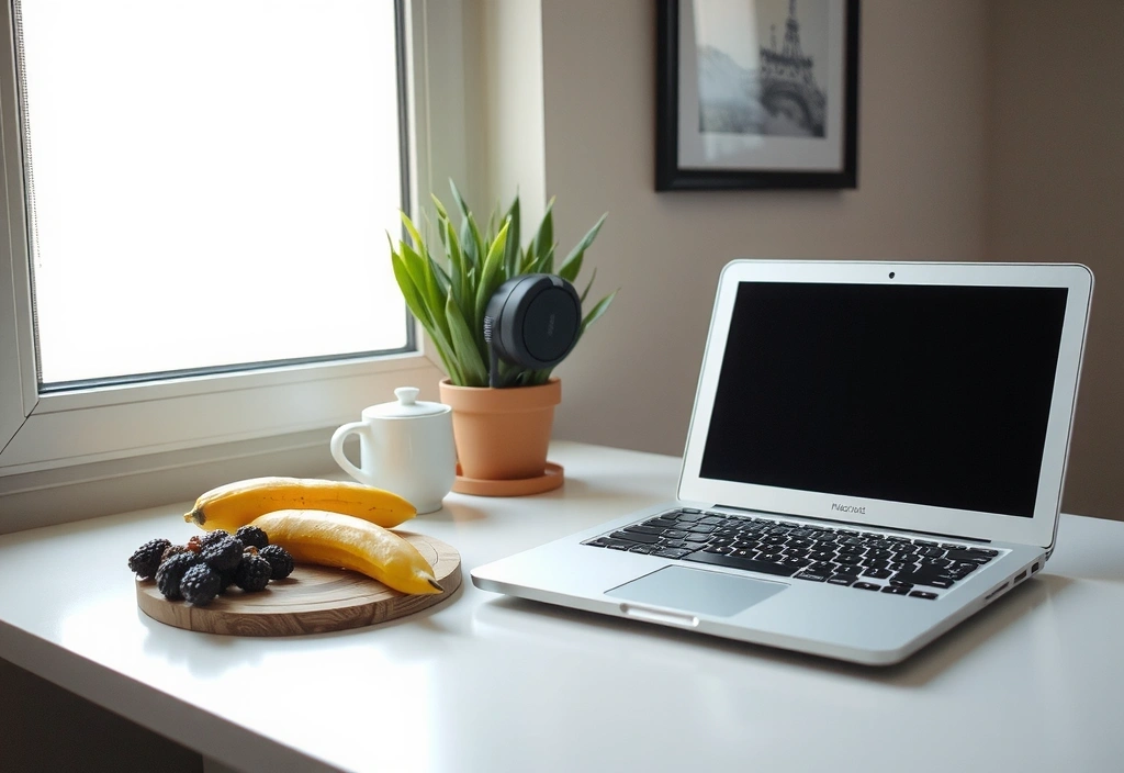 Laptop mit Headset auf Schreibtisch