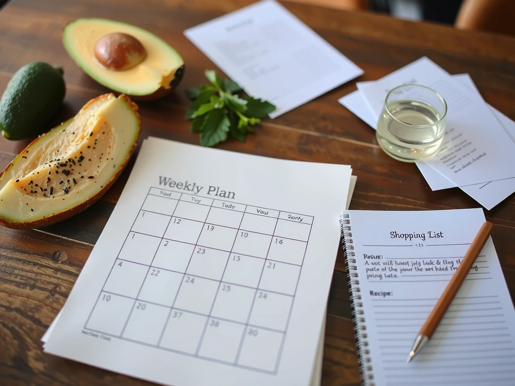 Wochenplan, Einkaufsliste und Rezepte auf Holztisch