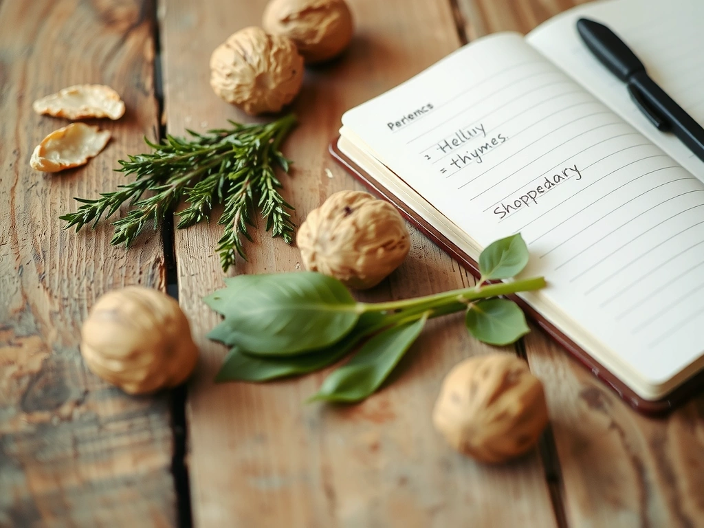 Rustikale Arbeitsplatte mit Kräutern und Notizen